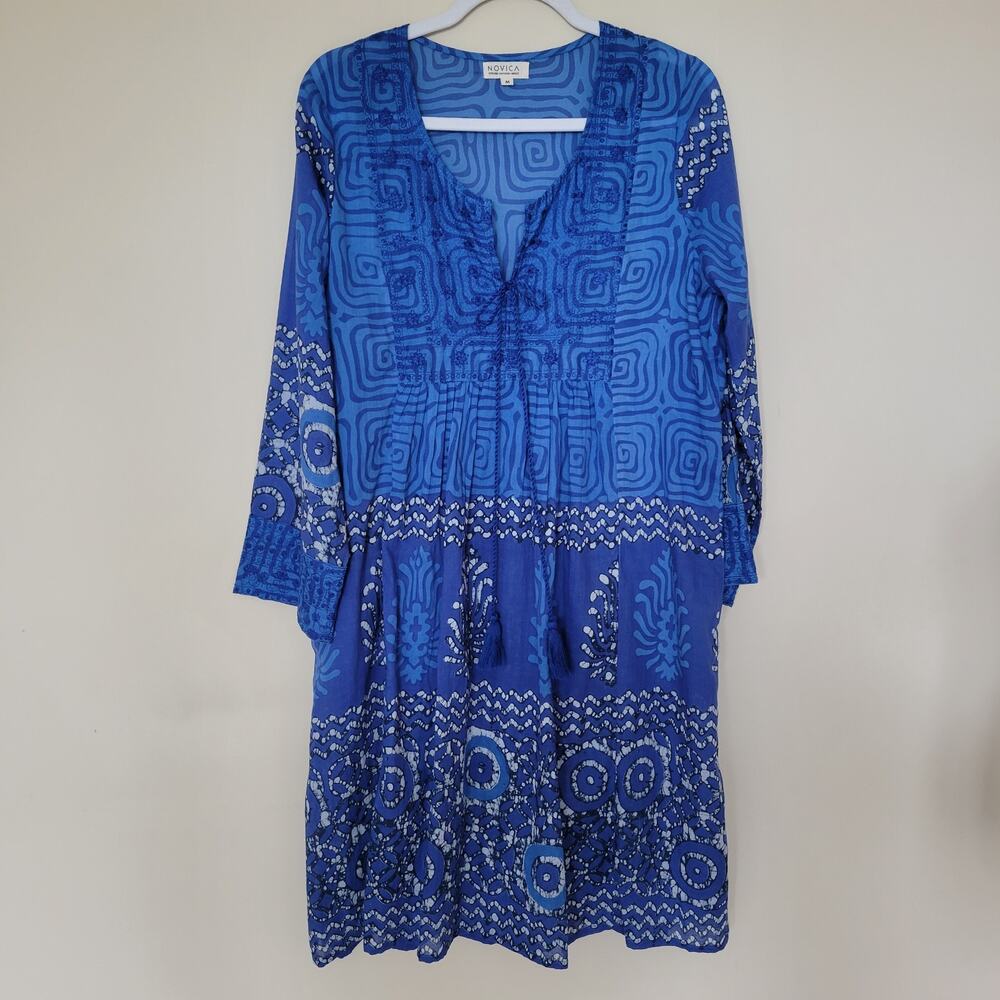 EUC Novica M Embroidered Tunic Dress Tassel Midi/Mini  Boho Beachy Cruise Blue